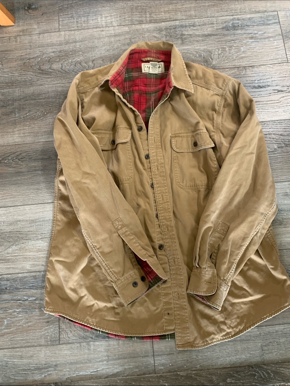 L.L. Bean Tan Canvas Shirt Jacket with Red Plaid Lining
